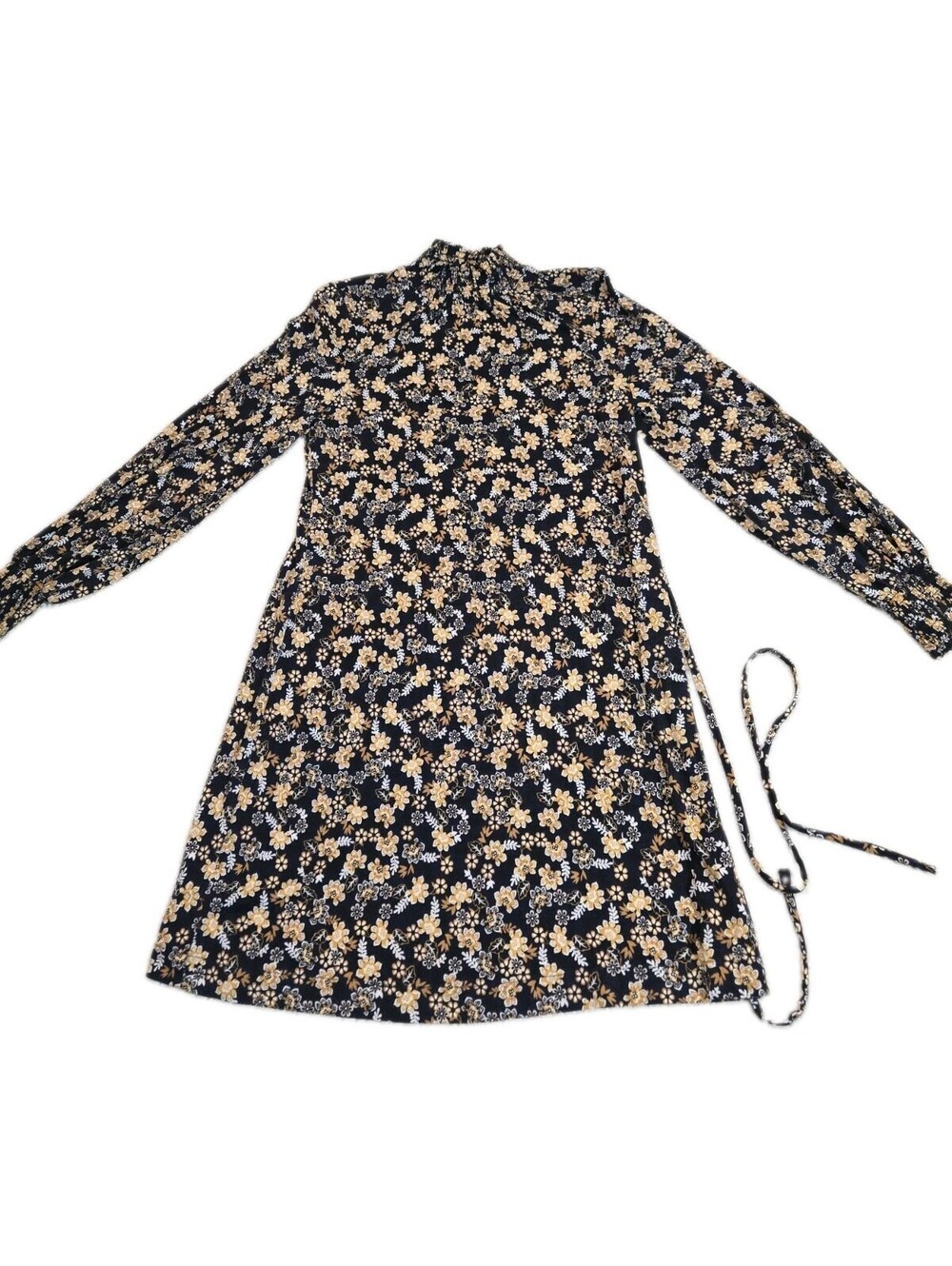 boden dress 8 Dark Floral Long Sleeves Mock Neck Shift Belted Modest Dark...